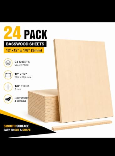 Basswood Sheets 12x12 in, 1/8 Inch Thick 24 Pack Unfinished Square Wood Boards for Laser Cutting, Wood Burning, Engraving, Painting, DIY Crafts, Model Making, CNC, and Architectural Projects