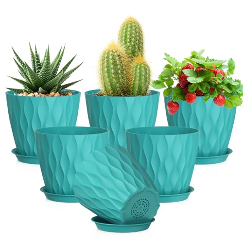 Meowell 5 inch Plant Pots for Indoor Outdoor Plants, 6 Pack Flower Pots with Drainage Holes and Saucers, 3D Modern Wave Texture Small Plastic Planter Pots for Nursery and House Plants, Blue Green - color: Blue Green, size: 5 inch 6 pieces