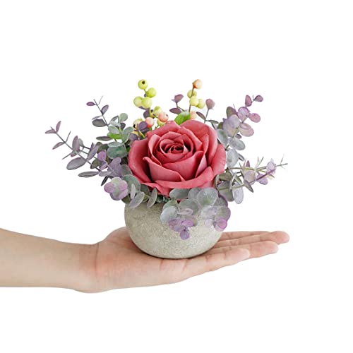 Small Artificial Pink Rose Potted Plant, Mini Faux Floral Decor - color: Pink