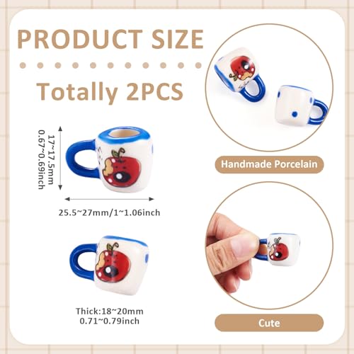 2Pcs Apple Pattern Miniature Ceramics Coffee Mug Cup Decorations Porcelain Mini Tea Cups Blue Tiny Drink Beverage Dollhouse Kitchen Accessories for Keychain Earring Making, Dollhouse Decor - color: Blue