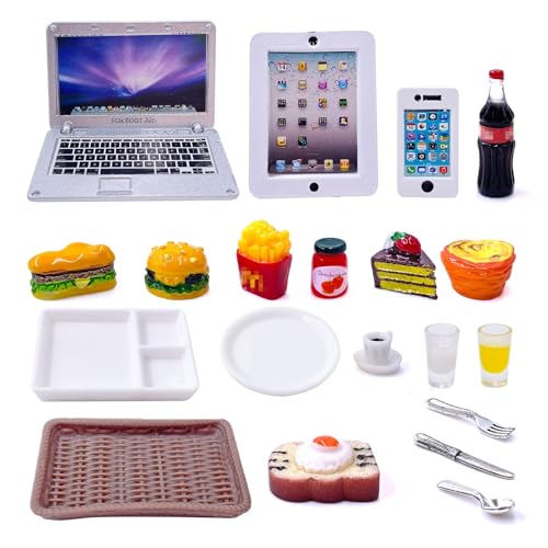 20Pcs Miniature Laptop Computer Tablet Toy Phone Pad and Hamburger Fries Cola Fast Food Cake Coffee Juice Fits Doll Accessories Scale Dollhouse Playsets Girl Mini Drink Food Party