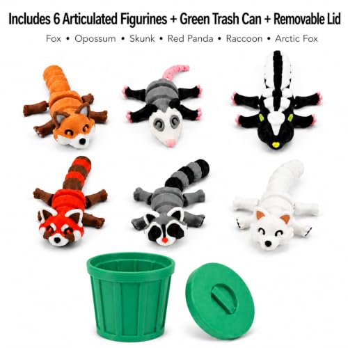 3D-Printed Woodland Animal Figurines, 8-Piece Articulated Raccoon, Fox, Skunk, Opossum, Red Panda and Arctic Fox Set with Green Trash Can - color: Green