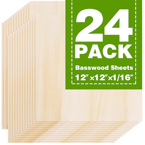 Basswood Sheets 12"x12"x1/16,1.5mm Basswood for Laser Cutting,Thin Plywood Board Unfinished Wood for Crafts, DIY Architectural Models Making, Wood Engraving (12inchx12inch-1/16-24Packs) - size: 12inchx12inch-1/16-24Packs