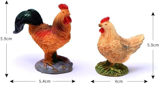 2Pcs Miniature Chicken Mini Carved Ornament Figurine Farm Hen and Farm Rooster Figurine Small Animals Collectible, Miniature Outdoor Statues for Micro Landscape