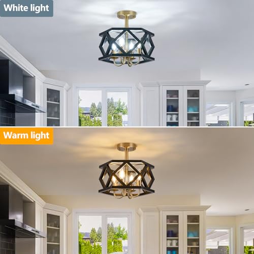 Black and Brushed Gold Semi Flush Mount Ceiling Light, Farmhouse Modern Light Fixture, 4-Light Metal Hallway Ceiling Lamp, Small Chandelier for Foyer Entryway Porch Bedroom Kitchen, E12 Base - color: Black & Gold