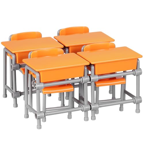 Toddmomy Dollhouse Desk and Chair Set 4 Miniature School Desks and 4 Chairs Mini House Furniture for Dollhouse School Model Classroom Decor Office Display Tiny Furniture Miniatures