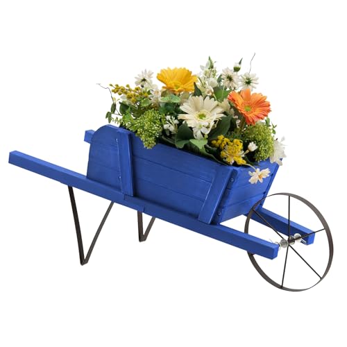 S AFSTAR Wood Wheelbarrow Planter, Small Flower Plant Pot Wheelbarrow Cart with Metal Wheel & 9 Replaceable Magnet Accessories, Wooden Wagon Planter Wheelbarrow for Outdoor Garden Backyard (Blue) - color: Blue