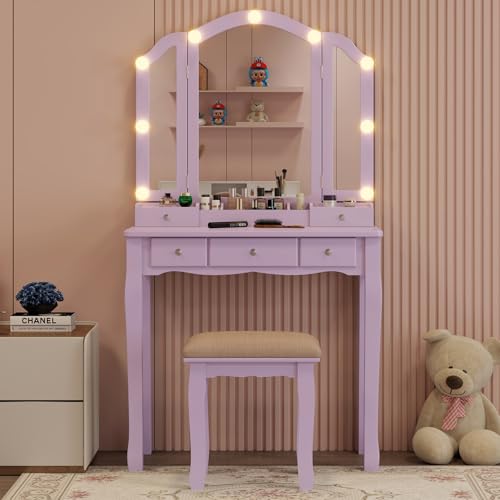 Purple Vanity Desk with Mirror and Lights Purple Vanity for Girls Makeup Vanity Desk with Lights Vanity Table with Lighted Mirror Make Up Vanity Desk with Drawers and Chair Set - style: Purple