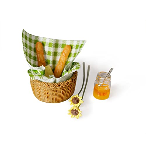 Miniature Food Dollhouse Accessories Garden Decor 1:12 Scale Bread Honey Picnic Basket Cloth Flowers 9PCS Garden Decoration Mini Room Display Props Model (Green Picnic Cloth) - style: Green Picnic Cloth