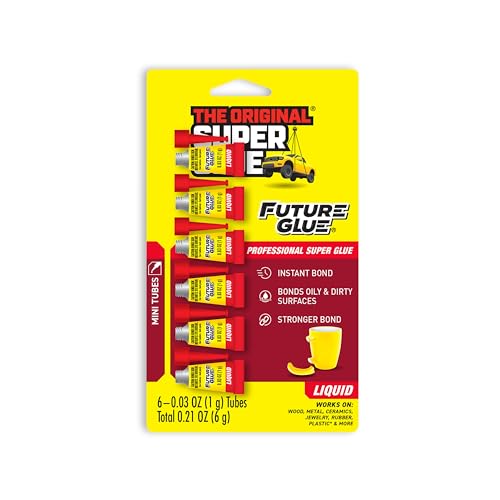 Super Glue Future Glue Liquid 6 Mini Single Use Tubes, Clear, Instant Bonding, Fast Dry, Professional Cyanoacrylate Adhesive, Great for Wood, Metal, Plastic, Crafts, Ceramic, and Toy Repairs