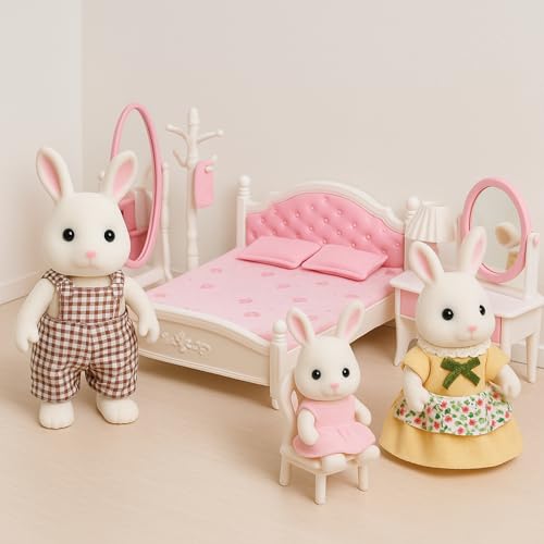 Family Dollhouse Bedroom Set — Bed, Pillows & Bedspread, Vanity with Mirror, Nightstand, Floor Mirror, Chair, Lamp, Coat Rack & Hangers — Dollhouse Furniture & Accessories for Ages 3+ - style: Bedroom Set