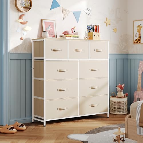 WLIVE Tall Dresser for Bedroom, 9 Drawer Chest of Drawers, Cream White - color: Cream White