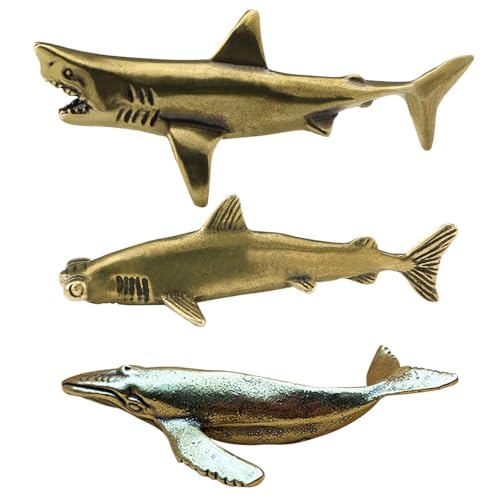 3Pcs Vintage Solid Brass Miniature Animal Figurine Desk Animal Ornament for Pet Enthusiasts Exquisite Collectible and Home Décor Accent (Shark + Whale 3 pcs) - color: Shark + Whale 3 Pcs