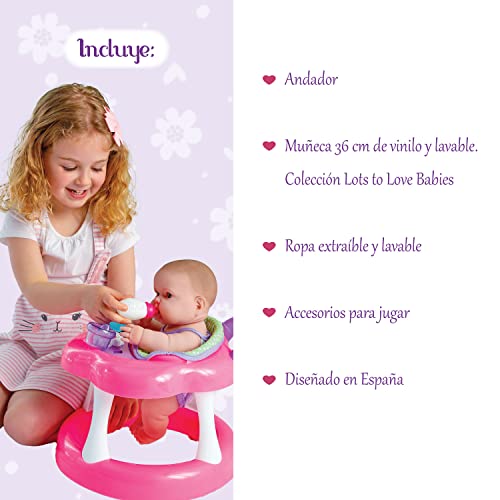JC Toys Lots to Love Babies 14"" Doll and Walker | Wheeled Walker Gift Set and Accessories | Posable & Waterproof | Ages 2+" (16198), Pink - color: Walker and Doll Combo
