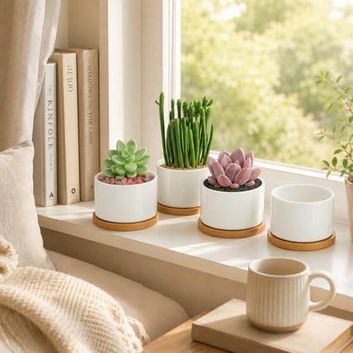ZOUTOG 4 Pack 3.1" Ceramic Succulent Pots,White Planter with Drainage Tray - size: 4 Pack 3.1"