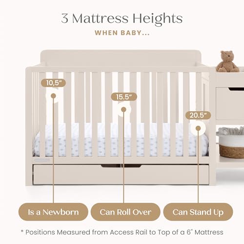 Delta Children Maya 5-in-1 Convertible Crib and Changer with Storage, Converts to Toddler Bed, Daybed, Sofa & Full Bed, Greenguard Gold Certified, 3 Mattress Heights for Baby, Soft Beige - color: Soft Beige