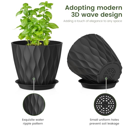 Meowell 7/6.5/6/5.5/5/4.5/4 inch Plant Pots for Indoor Outdoor Plants, 7 Pack Thick Flower Pots with Drainage Holes and Saucers, Modern Wave Texture Plastic Planter Pots for Nursery, Succulent, Black - color: Black, size: 7+6.5+6+5.5+5+4.5+4 inch 7 pieces