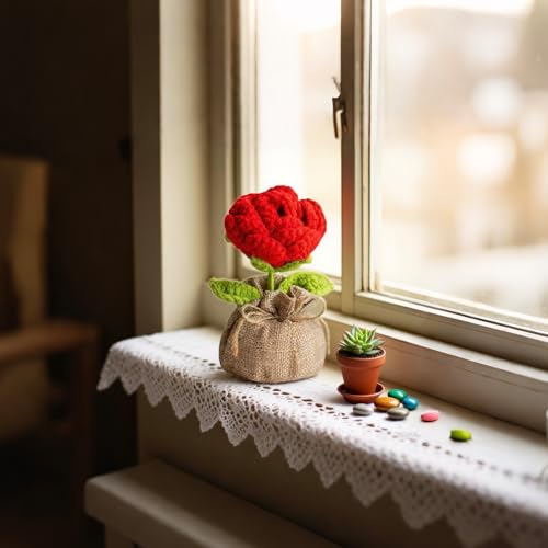 Crochet Red Rose Flowers Bouquet for Women Office Desk Decor - color: Boho Red Rose
