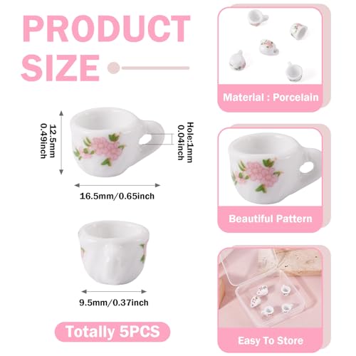 5Pcs Porcelain Cup Charms Miniature Ceramics Cup Mini Tea Cups Hanging Pendant with Flower for Keychains Earrings Jewelry Making Dollhouse Desktop Decor - color: White With Pink Flower