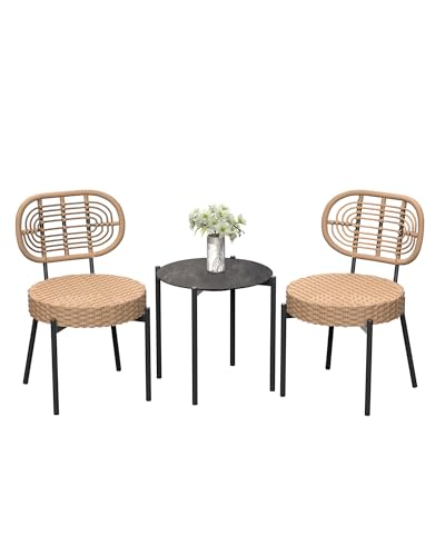 GarveeLife 3 Piece Wicker Patio Bistro Furniture Set, Outdoor Dining Chairs, Includes 2 Rattan Chairs and Tempered Glass Table, for Garden, Backyard, Balcony, Apartment (Black & Brown) - color: Black & Brown