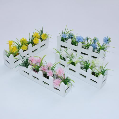 Artificial Flower Set Wooden Picket Fence Planter Box Fake Floral Ornament Micro Landscape Desk Decor for Women Adult (3C) - color: 3c