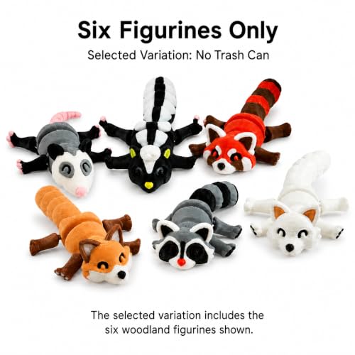 3D-Printed Woodland Animal Figurines, 6-Piece Articulated Raccoon, Fox, Skunk, Opossum, Red Panda and Arctic Fox Set - Six Figurines Only - color: No Trash Can