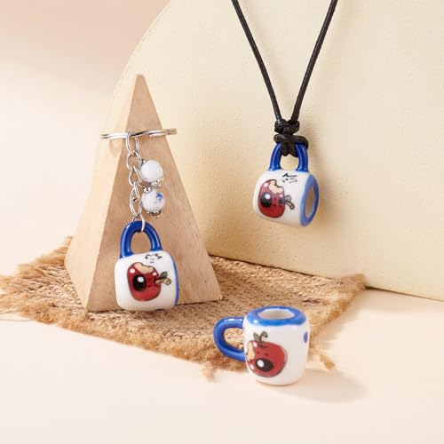 2Pcs Apple Pattern Miniature Ceramics Coffee Mug Cup Decorations Porcelain Mini Tea Cups Blue Tiny Drink Beverage Dollhouse Kitchen Accessories for Keychain Earring Making, Dollhouse Decor - color: Blue