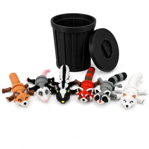 3D-Printed Woodland Animal Figurines, 8-Piece Articulated Raccoon, Fox, Skunk, Opossum, Red Panda and Arctic Fox Set with Black Trash Can - color: Black