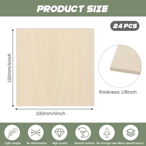 24 Pack Plywood Sheets, 4" x 4"x 1/8" Basswood Sheets - color: 24 Pack, size: 4" x 4"x 1/8"