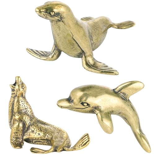 3Pcs Vintage Solid Brass Miniature Animal Figurine Desk Animal Ornament for Pet Enthusiasts Exquisite Collectible and Home Décor Accent (Sea Lion+ Dolphin +Seal) - color: Sea Lion+ Dolphin +Seal