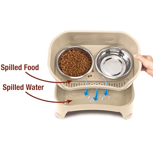 Neater Feeder - Express Model w/ Slow Feed Bowl - Mess-Proof Dog Bowls (M/L, Almond) Made in USA – Elevated, No Spill, Non-Tip, Non-Slip, Raised Stainless Steel Food/Water Pet Bowls Aid Digestion - color: Almond, size: Medium to Large w/ Metal Slow Feed B