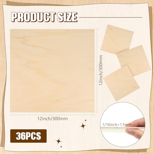 Riakrum Basswood Sheets Plywood Board Unfinished Wood Boards for Crafts for DIY Laser Projects Architectural Mini House Building Hobby Model Making(12 x 12 x 1/16 Inch,36) - size: 12 x 12 x 1/16 Inch