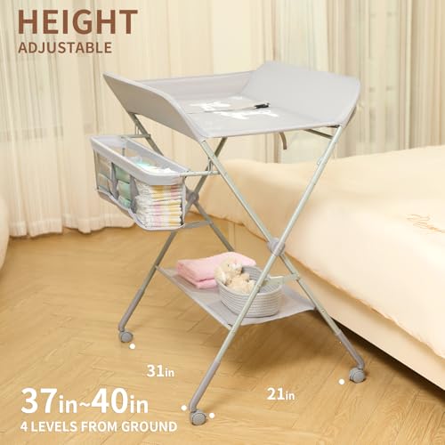 KARAOK Baby Changing Table with Wheels, Portable Diaper Changing Station with 4-Level Height Adjustment & Storage Rack for Newborn, Infant(Light Grey)