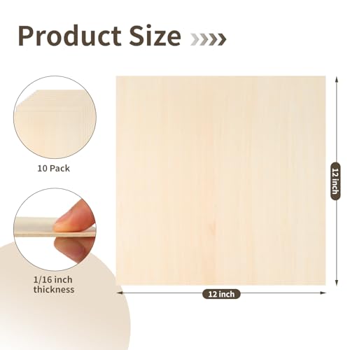 Balsa Wood, Plywood Sheet, Unfinished Basswood Blank, 12×12×1/16 in, 10 Pcs - size: 10 Pack -12X12X1/16 Inch