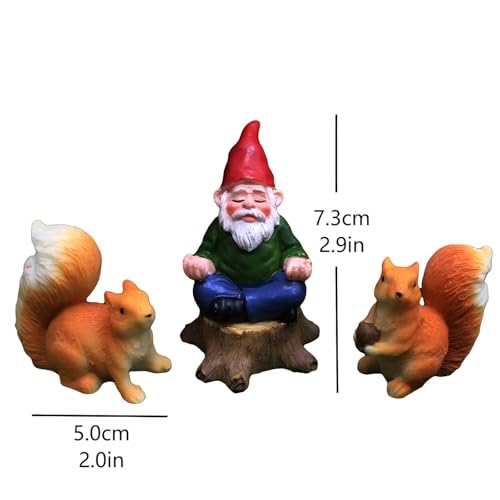Miniature Garden Gnome with Squirrels, Meditation Fairy Garden Decor Set, 3 inch Tiny Gnome Figurine with 2 inch Squirrels, Plant Pot Decor 3-Piece - style: Meditation Gnome with Squirrels