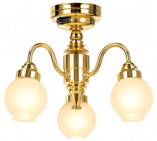 TOYANDONA Dollhouse Chandelier 1:12 Scale: 3-Head Round Lampshade Doll House Ceiling Lamp Miniature Dollhouse Lights Battery Operated for Doll House Accessories Decorations