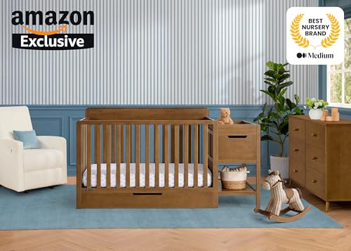 Delta Children Maya 5-in-1 Convertible Crib and Changer with Storage, Converts to Toddler Bed, Daybed, Sofa & Full Bed, Greenguard Gold Certified, 3 Mattress Heights for Baby, Chestnut - color: Chestnut