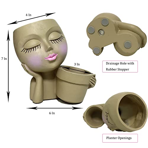 Dolkgy Face Planters Pots Head Planter, Unique Plant Pots for Indoor Outdoor Plants, Novelty Cute Large Girl Head Flower Pots with Drainage Hole for Home Garden Succulents Cactus - color: C1-khaki