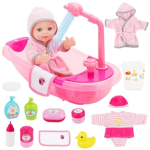 deAO 12" Baby Doll Bath Playset Functional Bathtub Detachable Shower - color: Pink