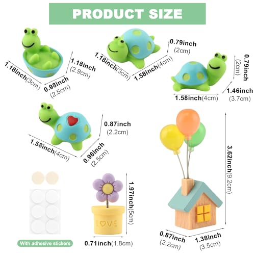 4 Pcs Mini Resin Tortoise Figurines with Blue Small House Balloon, Small Flowerpot, Cute Car Dashboard Decor, Rearview Mirror Ornaments, Fairy Garden Landscape Decor