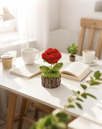 Crochet Red Rose Flowers Bouquet for Women Office Desk Decor - color: Crochet Red Rose