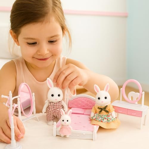 Family Dollhouse Bedroom Set — Bed, Pillows & Bedspread, Vanity with Mirror, Nightstand, Floor Mirror, Chair, Lamp, Coat Rack & Hangers — Dollhouse Furniture & Accessories for Ages 3+ - style: Bedroom Set