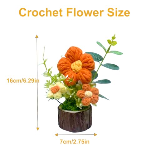 Handmade Crochet Puff Flowers with Wooden Base for Women Office Deck Decora - color: Orange Puff