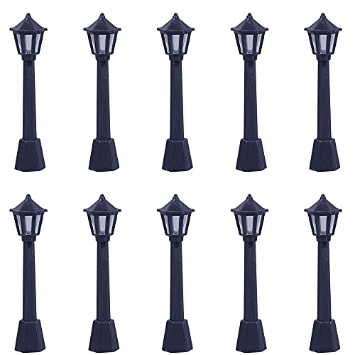 Dong Huang 10pcs Mini Miniature Street Light Model, Railway Train Solar Lamp Post Lamps, Outdoor Pathway Lantern Post for Dollhouse Decoration Micro Landscape Fairy Garden Lighting Accessories, Black