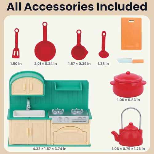 Family Dollhouse Kitchen Set — Miniature Stove, Sink & Oven with Frying Pan, Saucepan, Kettle, Utensils & Cutting Board — Dollhouse Furniture & Accessories for Ages 3+ - style: Kitchen Set
