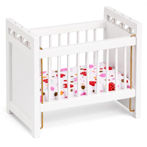Garneck 1:12 Wooden Dollhouse Crib Miniature Nursery Bed with Bedding White