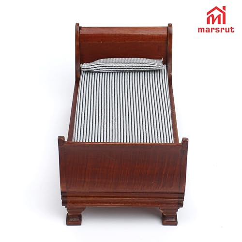 1:12 Scale Doll House Miniature Single Bed with Bedding Fabric & Pillow, Wooden Vintage Victorian European Style Bedroom Furniture Decor Christmas Accessories, Mini Sleigh Bed for 6 Inch Dolls