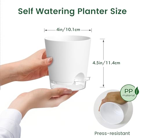 Meowell 4 inch Self Watering Pots for Indoor Plants, 5 Pack Small Flower Plant Pots with Drainage Holes and Clear Reservoirs, Visible Water Level, Plastic Planters with Wicking Rope, White - color: White, size: 4in 5pcs