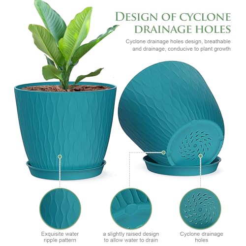 WSMKSZ 6 inch Plant Pots, 5 Pack Flower Pots with Drainage Holes and Saucers for Indoor Plants, Plastic Planters with Water Ripple for Small Garden House Plants, Nursery Pots for Succulent, Blue Green - color: Blue-green, size: 6inch 5pcs