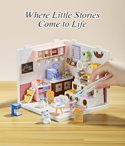 Cute Cat Cafe DIY Miniature House Kit with Roof & LED Light, Stackable & Connectable Dollhouse Kit with Dustproof Door, Creative DIY Crafts Building Toy Gift for Adults Teens - color: Cat Cafe, size: Meduim